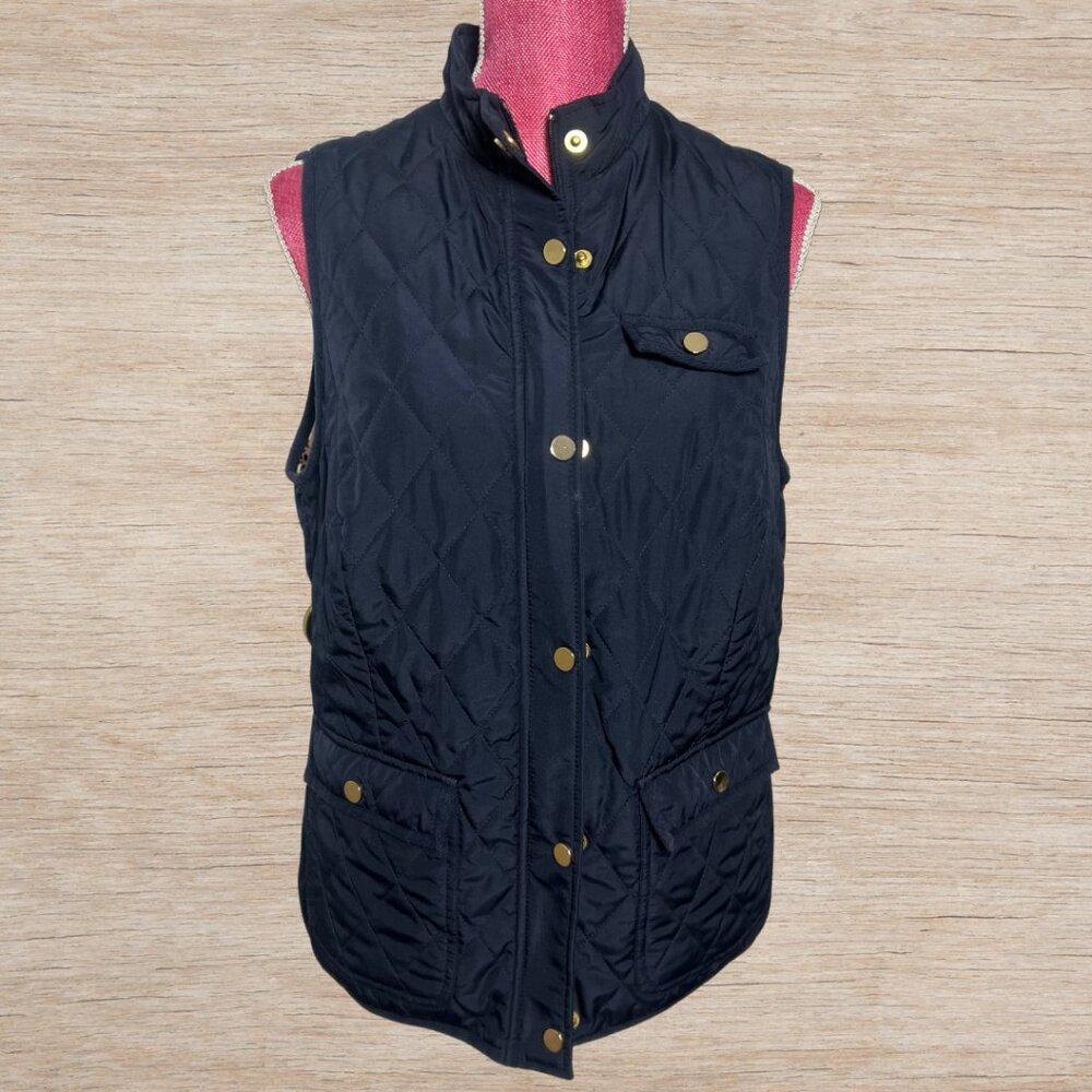Preppy Navy Blue Quilted Vest Women’s Size Medium Outerwear Leopard